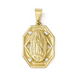304 Stainless Steel Pendants, with Crystal Rhinestone, Octagon with Virgin Mary