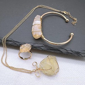 Wire Wrapped Nuggets Natural Gemstone Pendant Necklace & Cuff Bangle & Rings Sets, Alloy Jewelry Sets, Golden