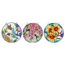Round Hummingbird/Sunflower Pattern Acrylic Stained Window Planel with Chain, Window Suncatcher Home Hanging Ornaments