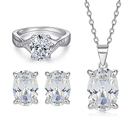 Elegant 3-Piece S925 Sterling Silver Jewelry Set with Twisted Ring, Oval Zirconia Stud Earrings and Unique Necklace