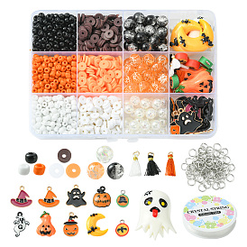 Kit de fabrication de bracelets d'halloween bricolage, y compris les perles de rocaille, chauve-souris et casquette breloques en argile polymère et perles de disque, cabochons résine fantôme & citrouille, pampilles en polycoton et pendentifs en alliage d'émail