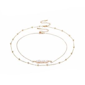 Brass Pendant Necklace Sets, with Natural Pearl, Brass Round Beads & Cable Chains, Cardboard Jewelry Set Boxes
