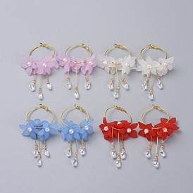 Hoop Earrings, with Acrylic Beads, Glass Beads, Plastic Imitation Pearl, Brass Hoop Earring Findings & Iron Findings & Plastic Ear Nuts, Flower