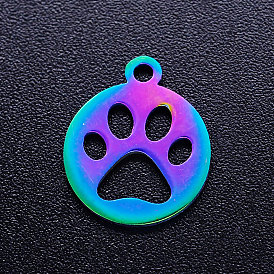 Ion Plating(IP) 304 Stainless Steel Pet Charms, Flat Round with Dog Claw