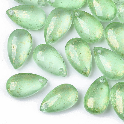 Transparent Spray Painted Glass Charms, with Glitter Powder, Frosted, Teardrop