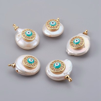 Natural Cultured Freshwater Pearl Pendants, with Cubic Zirconia and Enamel, Brass Findings, Long-Lasting Plated, Flat Round with Eye, Real 18K Gold Plated