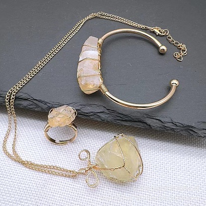 Ожерелье с подвеской из натурального драгоценного камня, браслет-манжета и комплекты колец, сплав ювелирных изделий, золотые