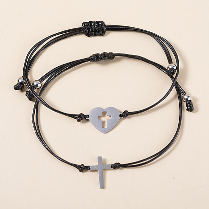 Handmade Adjustable Couples Bracelet Set with Cross Charm - Stainless Steel Card Chain