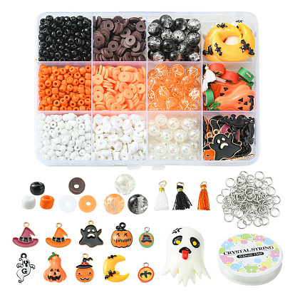 DIY Halloween Bracelet Making Kit, Including Seed Beads, Bat & Cap Polymer Clay Charms & Disc Beads, Ghost & Pumpkin Resin Cabochons, Polycotton Tassel & Alloy Enamel Pendants