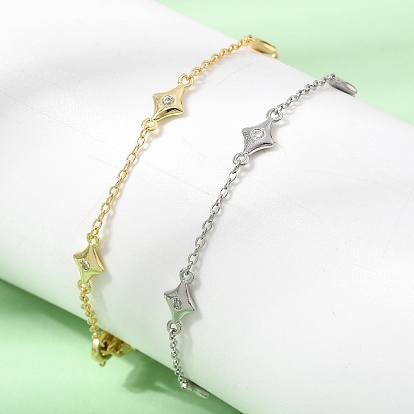 Brass Micro Pave Clear Cubic Zirconia Star Link Chain Bracelets, Long-Lasting Plated, Rack Plating, Lead Free & Cadmium Free