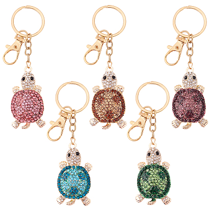 5Pcs 5 Colors Alloy Rhinestone Pendant Keychain, with Light Gold Plated Alloy Findings, Sea Turtle