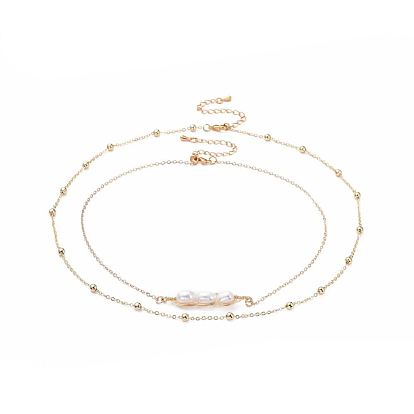 Brass Pendant Necklace Sets, with Natural Pearl, Brass Round Beads & Cable Chains, Cardboard Jewelry Set Boxes