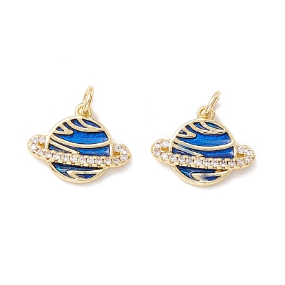 Brass Micro Pave Clear Cubic Zirconia Charms, with Enamel, Real 18K Gold Plated, Planet