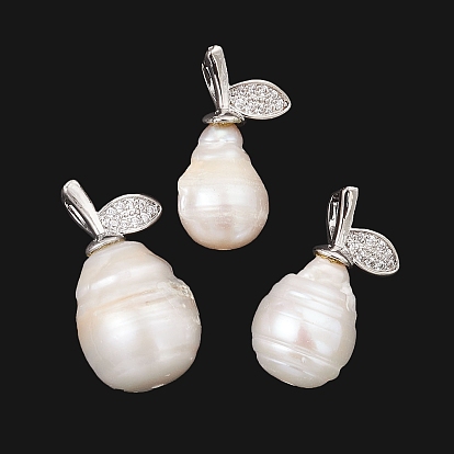 Natural Baroque Pearl Keshi Pearl Pendants, Pear Charms with Brass Micro Pave Clear Cubic Zirconia Leaf, Floral White