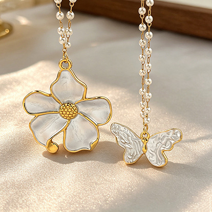 304 Stainless Steel Enamel White Pendant Imitation Pearl Beaded Chain Necklaces for Women, Golden