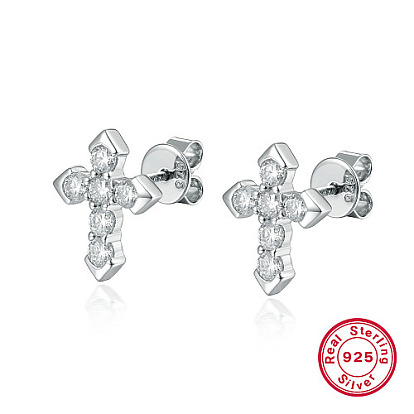 Rhodium Plated 925 Sterling Silver Micro Pave Cubic Zirconia Stud Earrings, Cross, with 925 Stamp