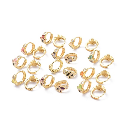 Créoles incrustées de zircons cubiques en laiton, avec l'émail, réel 18 k plaqué or, sans cadmium et sans plomb, main hamsa/main de miriam