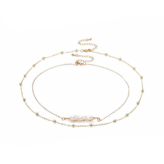 Brass Pendant Necklace Sets, with Natural Pearl, Brass Round Beads & Cable Chains, Cardboard Jewelry Set Boxes