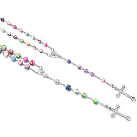 Collier de perles rosaire, Collier pendentif croix crucifix en alliage avec chaînes de perles rondes en argile polymère pour femmes