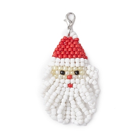 Christmas Santa Claus Glass Seed Beads Pendant Decorations, Lobster Claw Clasps Charms for Bag Ornaments