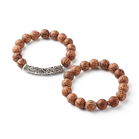 Natural Coconut Wood Beads Stretch Bracelets, with Tibetan Style Alloy Hollow Curved Tube Beads