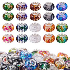 150pcs 10 couleurs perles européennes en résine, Perles avec un grand trou   , avec noyaux en laiton plaqué couleur argent, rondelle