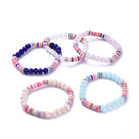 Bracelets élastiques, avec des perles heishi en pâte polymère, perles de verre facettées imitation jade et perles de strass en laiton