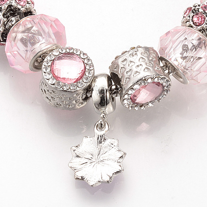 Bracelets européens, avec des perles strass alliage d'émail de style tibétain, Perles en résine, chaînes en laiton et chaînes de sécurité, argent antique, fleur