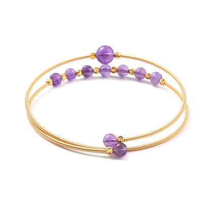 Golden Brass Double Loop Wrap Bangle, Natural Amethyst Beaded Open Bangle for Women, Lead Free & Cadmium Free