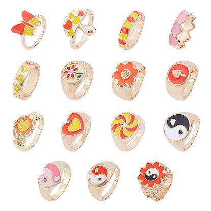 15Pcs 15 Style Golden Alloy Rings, with Enamel Rings, Round & Flower & Flat Round & Heart & Butterfly & Tai Ji & Mushroom & Arrow