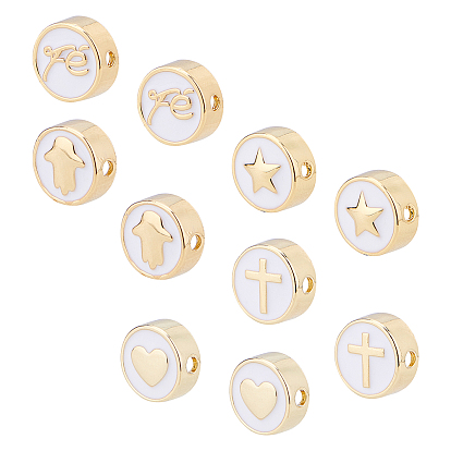 Brass Enamel Beads, Long-Lasting Plated, Flat Round with Mixed Shapes, White
