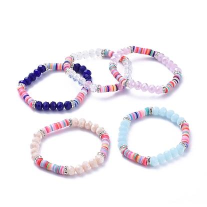 Bracelets élastiques, avec des perles heishi en pâte polymère, perles de verre facettées imitation jade et perles de strass en laiton