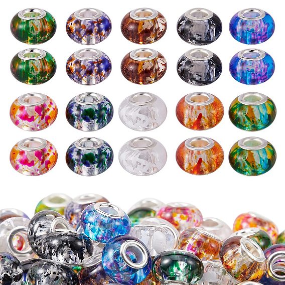 150Pcs 10 Colors Resin European Beads, Large Hole Beads, with Silver Color Plated Brass Cores, Rondelle