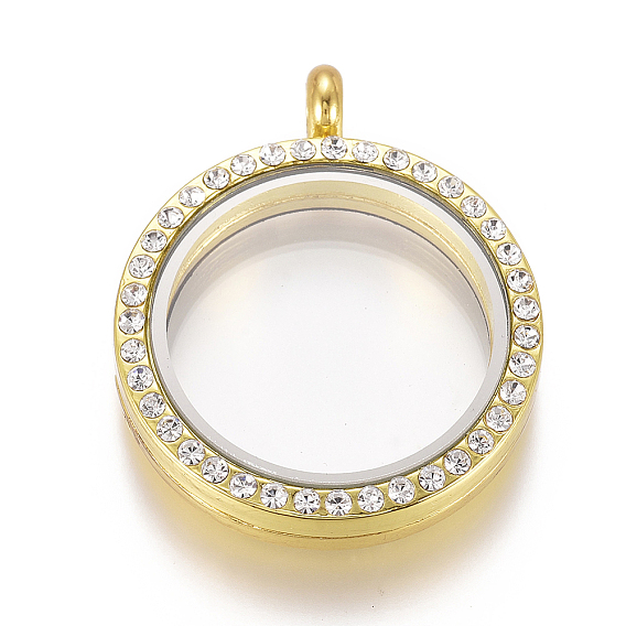 Flat Round Alloy Rhinestone Magnetic Locket Pendants, Photo Frame Living Memory Floating Charms, with Glass Cover