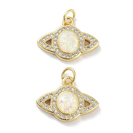 Brass Micro Pave Clear Cubic Zirconia Pendants, with Synthetic Opal and Jump Rings, Real 18K Gold Plated, Planet Charms