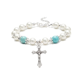 Bracelet à breloques croix en alliage, Bracelet de religion en perles de coquillage et vert turquoise synthétique (teint) pour femmes
