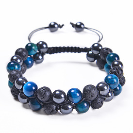 Natural Blue Tiger Eye Lava Stone Double Layer Handmade Beaded Bracelet