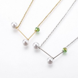 304 Stainless Steel Pendant Necklaces, with Glass imitation Pearl, Round