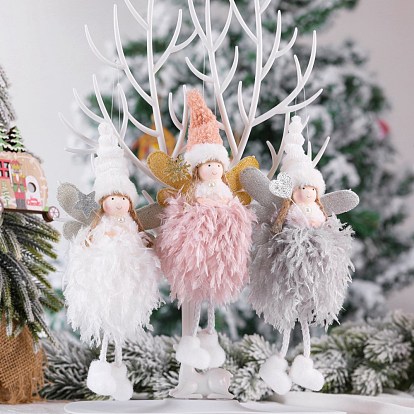 Décorations de pendentif en tissu, pour les décorations de Noël, ange avec une robe de plumes