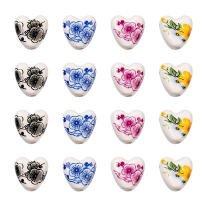 20Pcs 4 Color Handmade Porcelain Ceramic Beads, Flower Printed, Heart