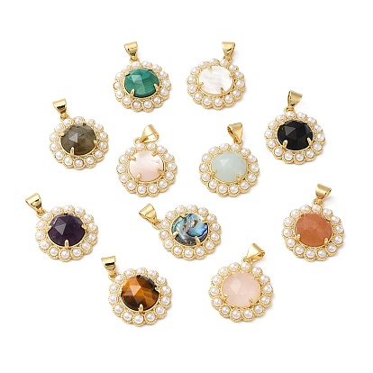 Natural Mixed Gemstone Pendant, with Real 14K Gold Plated Brass Finding and Plastic Pearl Beaded, Flat Round Charms