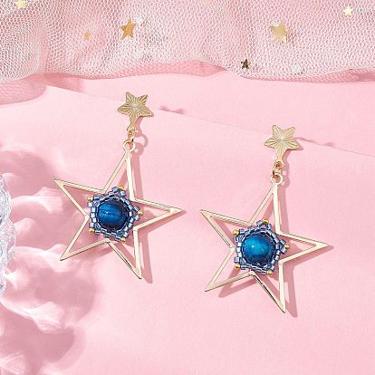 Серьги-гвоздики со звездами из натурального тигрового глаза, с фурнитурой для сережек-гвоздиков и стеклянными бусинами, золотые