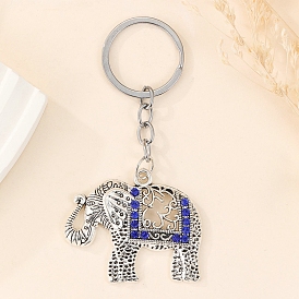 Hollow Elephant Alloy Rhinestone Pendant Keychains, with Key Ring for Bag Car Key Decoration