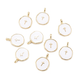  Brass Enamel Pendants, Long-Lasting Plated, Flat Round with Cross, White