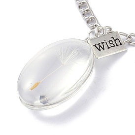 Dandelion Seed Wish Necklace for Teen Girl Women Gift, Transparent Oval Glass Pendant Necklace, with Iron Chain