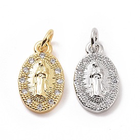 Brass Micro Pave Cubic Zirconia Charms, with Jump Ring, Oval with Religion Virgin Mary Charm
