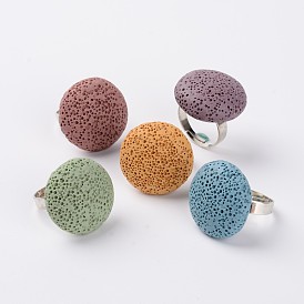Adjustable Flat Round Lava Rock Rings, with Platinum Plated Brass Findings, 19mm