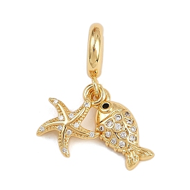 Brass Micro Pave Clear Cubic Zirconia European Dangle Charms, Starfish Fish Large Hole Pendants