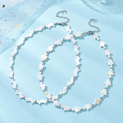 2шт. 2 стили: ожерелья из натуральных белых ракушек и латунных бусин в форме луны и звезды, с 304 удлинителями цепи из нержавеющей стали, цвет нержавеющей стали