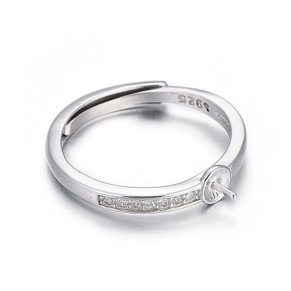 Adjustable 925 Sterling Silver Finger Ring Components, For Half Drilled Beads, with Micro Pave Cubic Zirconia, with 925 Stamp